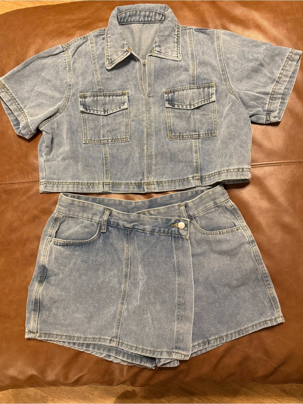 Denim Two-Piece Crop Top & Skort Set - Light Blue